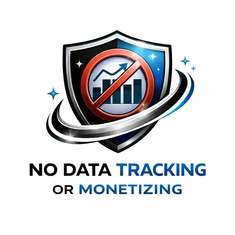 An anti-tracking shield with a barred bar chart inside and the words "NO DATA TRACKING OR MONETIZING" underneath.