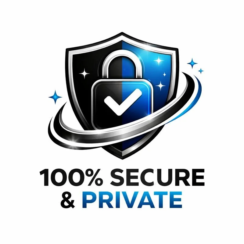 A digital graphic showing a shield with a checkmark lock symbol and swirling rings, with the text "100% Secure & Private" below.