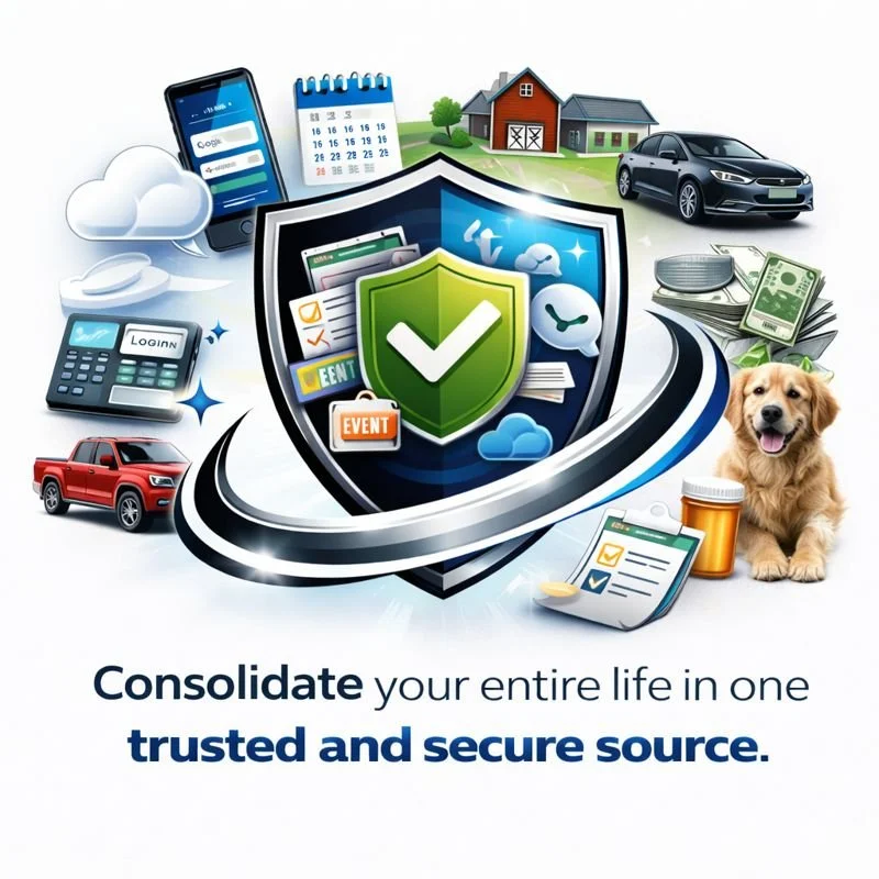 Graphic representing insurance coverage for various aspects of life, including homes, cars, pets, health, finances, and technology, with a central shield icon symbolizing security and trust.
