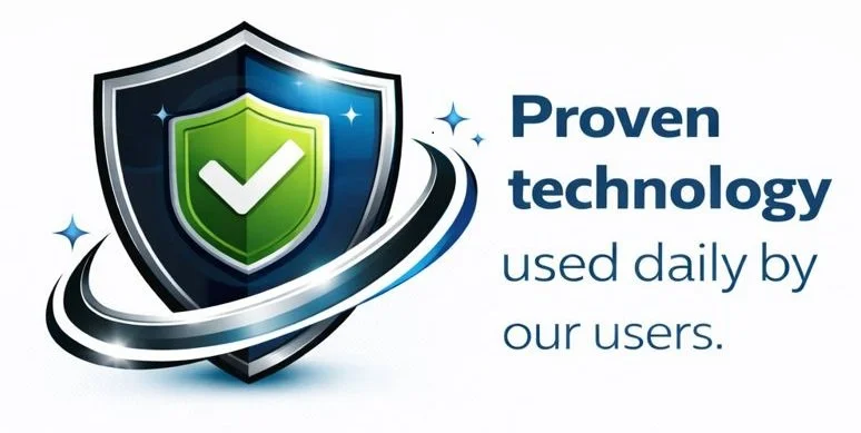 A shield with a green checkmark symbol, surrounded by a swirling ring, alongside the text 'Proven technology used daily by our users.'