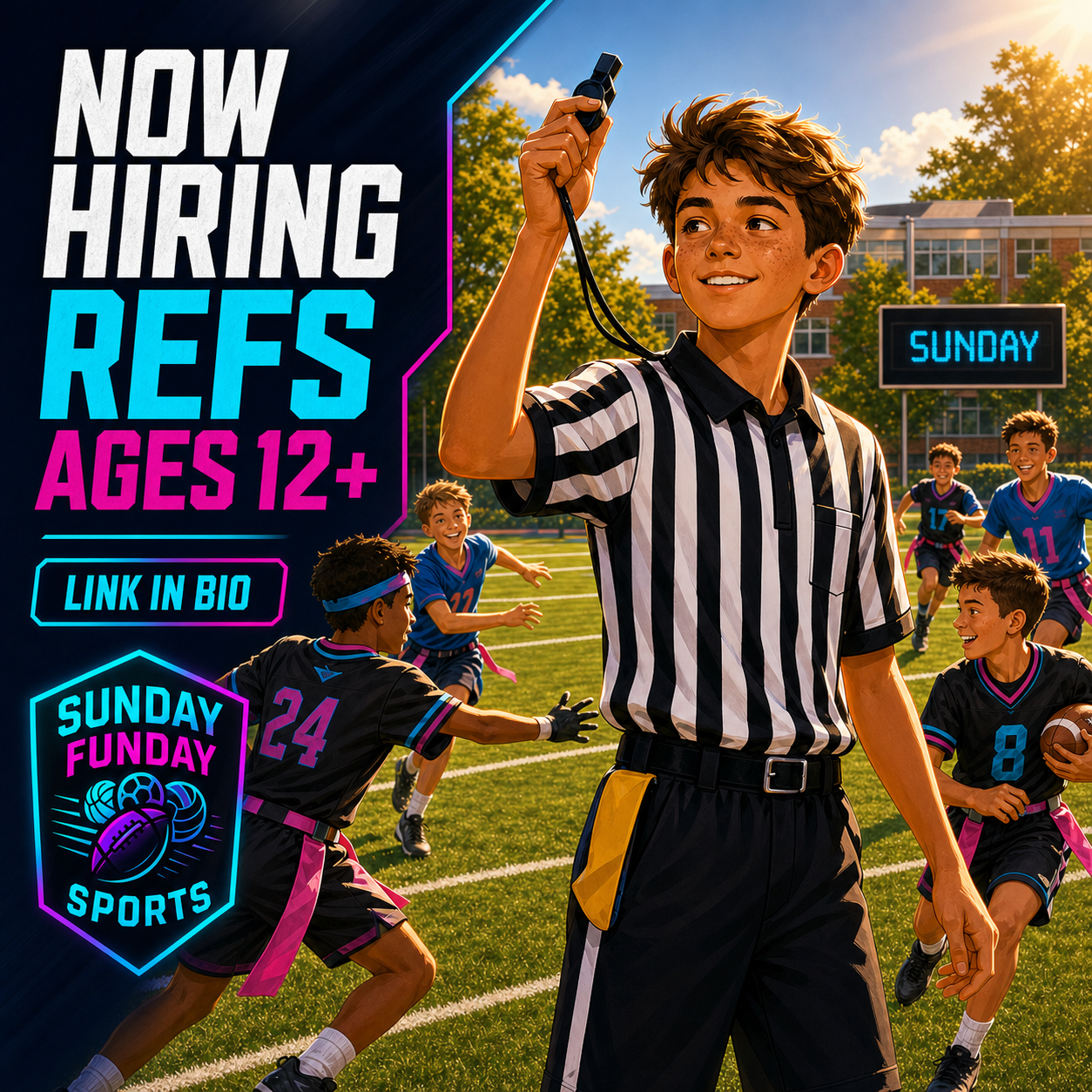 Teen referee raising a whistle at a Sunday Funday Sports flag football game — Now Hiring Refs Ages 12+, paid Sunday referee jobs for teens in DuPage County, IL