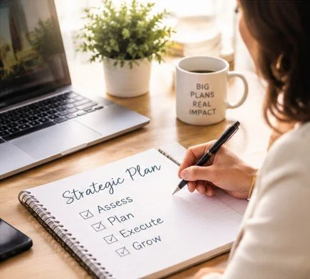 Business owner writing a strategic plan beside a laptop.