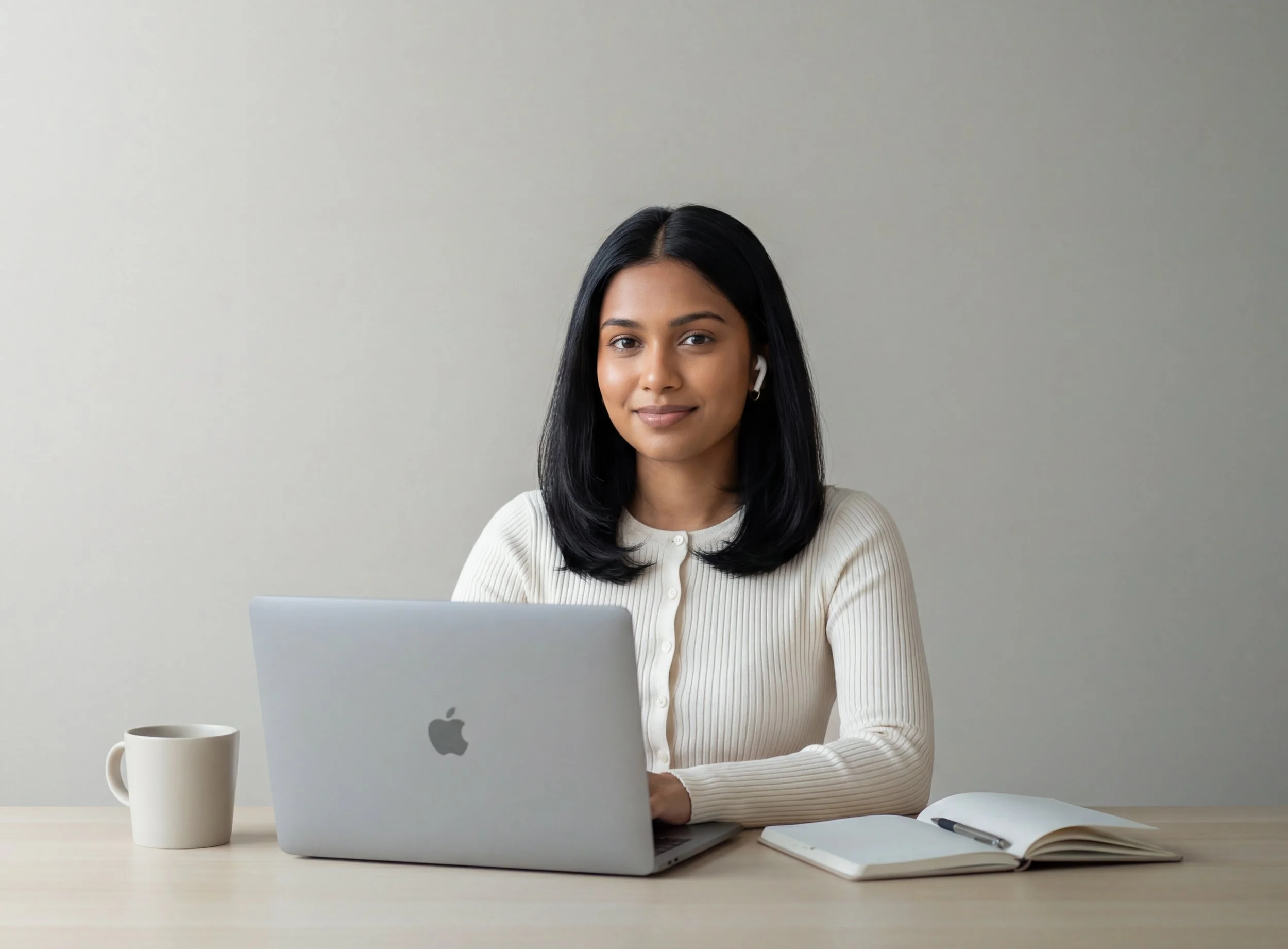 A woman sitting at a desk with a laptop, a mug, an open notebook, and a pen, against a plain light-colored background.