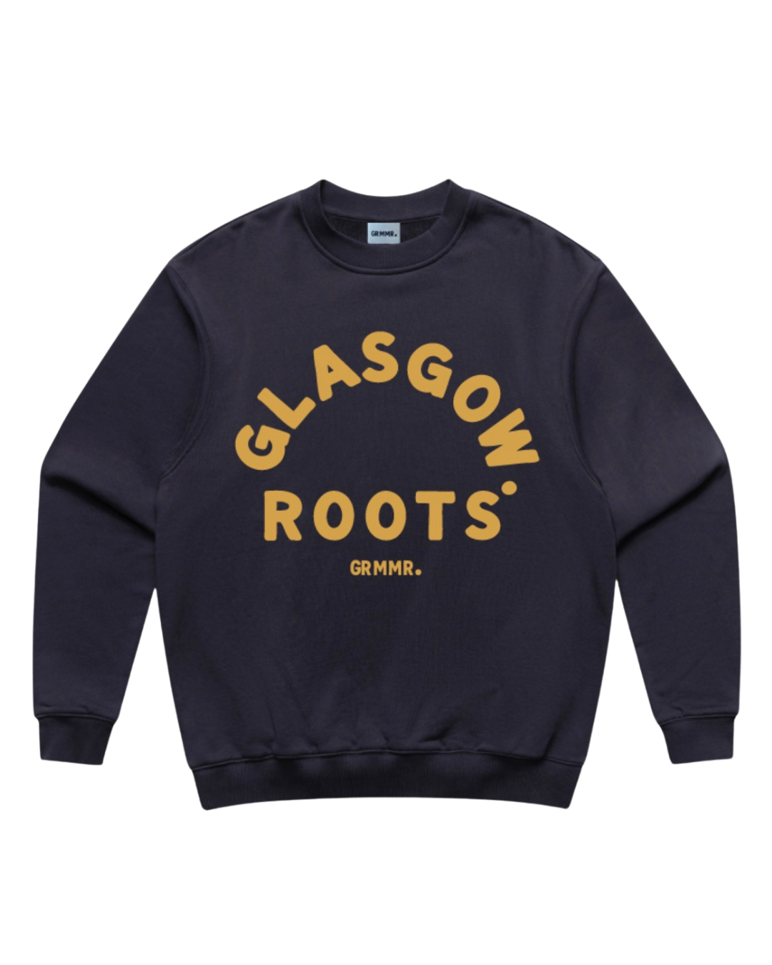 Black sweatshirt with yellow text that reads 'GLASGOW ROOTS' and 'GRMMR.'