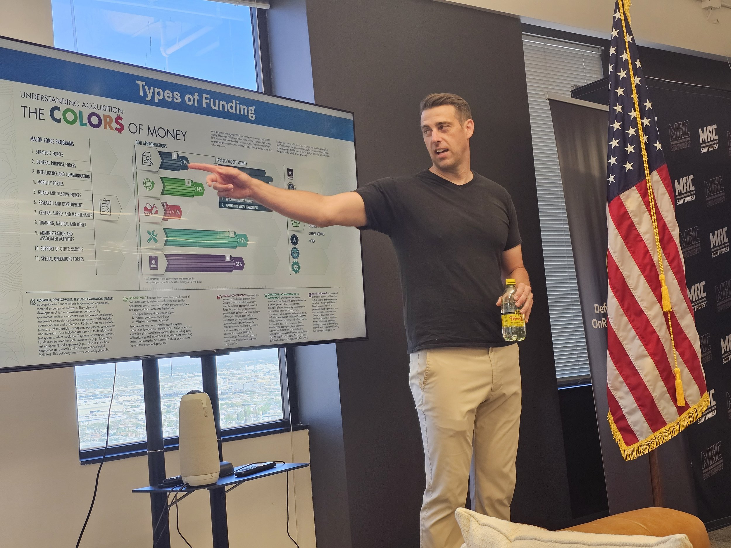 A man giving a presentation on a large screen displaying a chart titled 'Types of Funding' with colorful bars indicating different categories. He is holding a water bottle in one hand and pointing at the screen with the other. An American flag stands