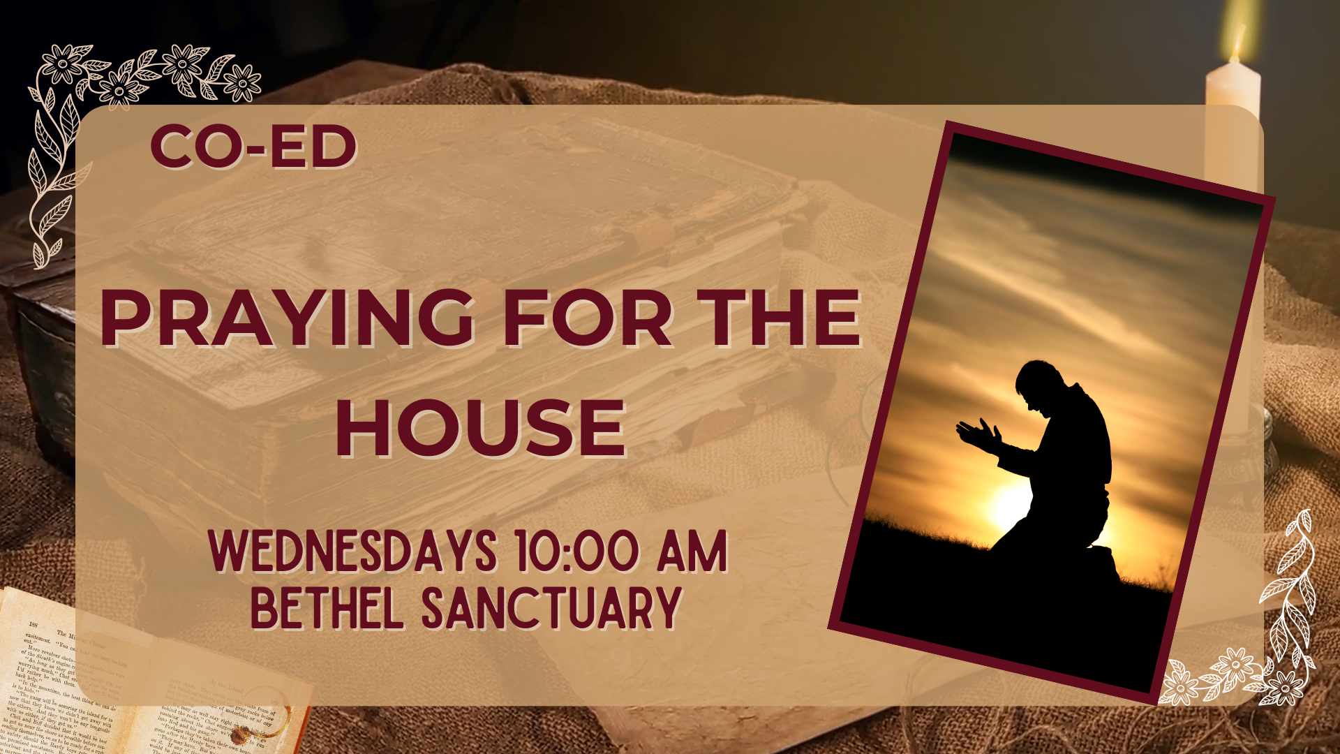 A sign for a prayer group called 'Praying for the House' led by Eutha Scholl, meeting Wednesdays at 10 AM at Bethel Sanctuary. The sign features a portrait of Eutha Scholl with orange hair, wearing a tan blazer over a floral blouse, and a cross necklace. The background has a beige and maroon color scheme.