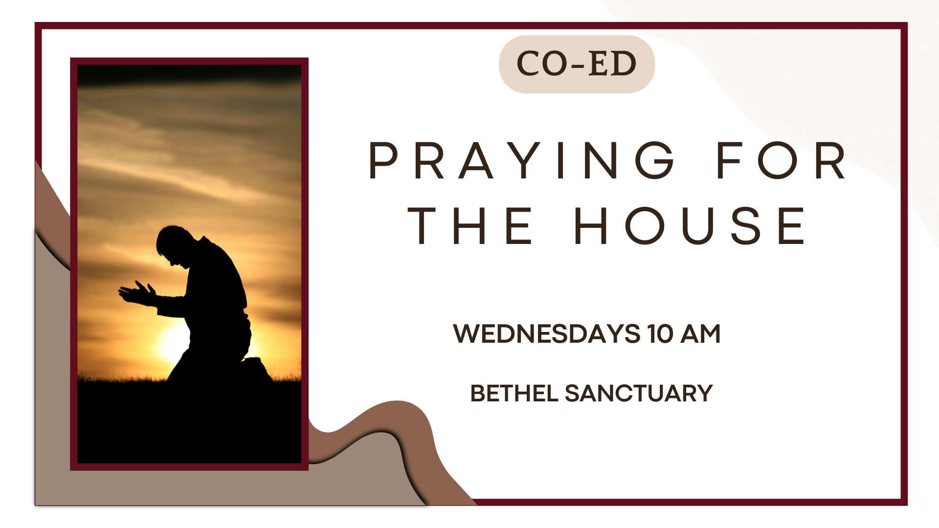 A sign for a prayer group called 'Praying for the House' led by Eutha Scholl, meeting Wednesdays at 10 AM at Bethel Sanctuary. The sign features a portrait of Eutha Scholl with orange hair, wearing a tan blazer over a floral blouse, and a cross necklace. The background has a beige and maroon color scheme.