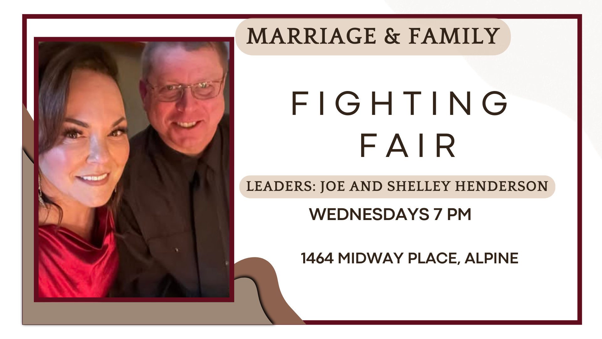 A printed invitation for a marriage event titled 'Marriage on the Rock' led by Chris and Marilyn Sharp, scheduled on Wednesdays at 7 PM, located at 1098 Alpine View Road, Alpine. The invitation features a photo of a couple standing in a kitchen, smiling, with beige, brown, and white colors and decorative design elements.