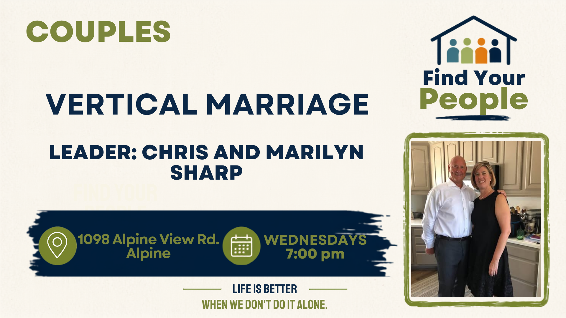 A printed invitation for a marriage event titled 'Marriage on the Rock' led by Chris and Marilyn Sharp, scheduled on Wednesdays at 7 PM, located at 1098 Alpine View Road, Alpine. The invitation features a photo of a couple standing in a kitchen, smiling, with beige, brown, and white colors and decorative design elements.