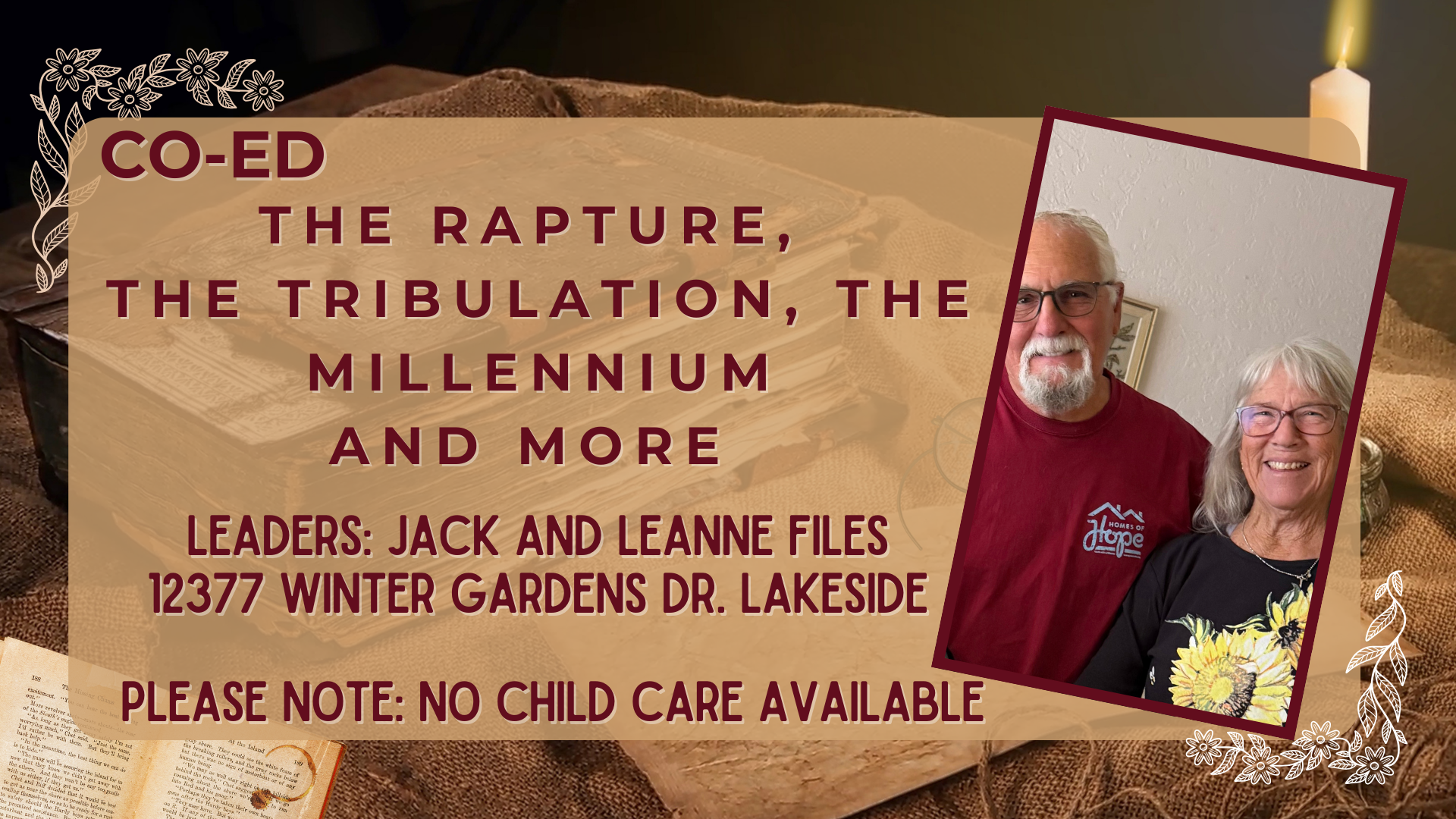 A promotional flyer for a church seminar, featuring a photo of a smiling older man and woman standing together, with text detailing the event's schedule and location.