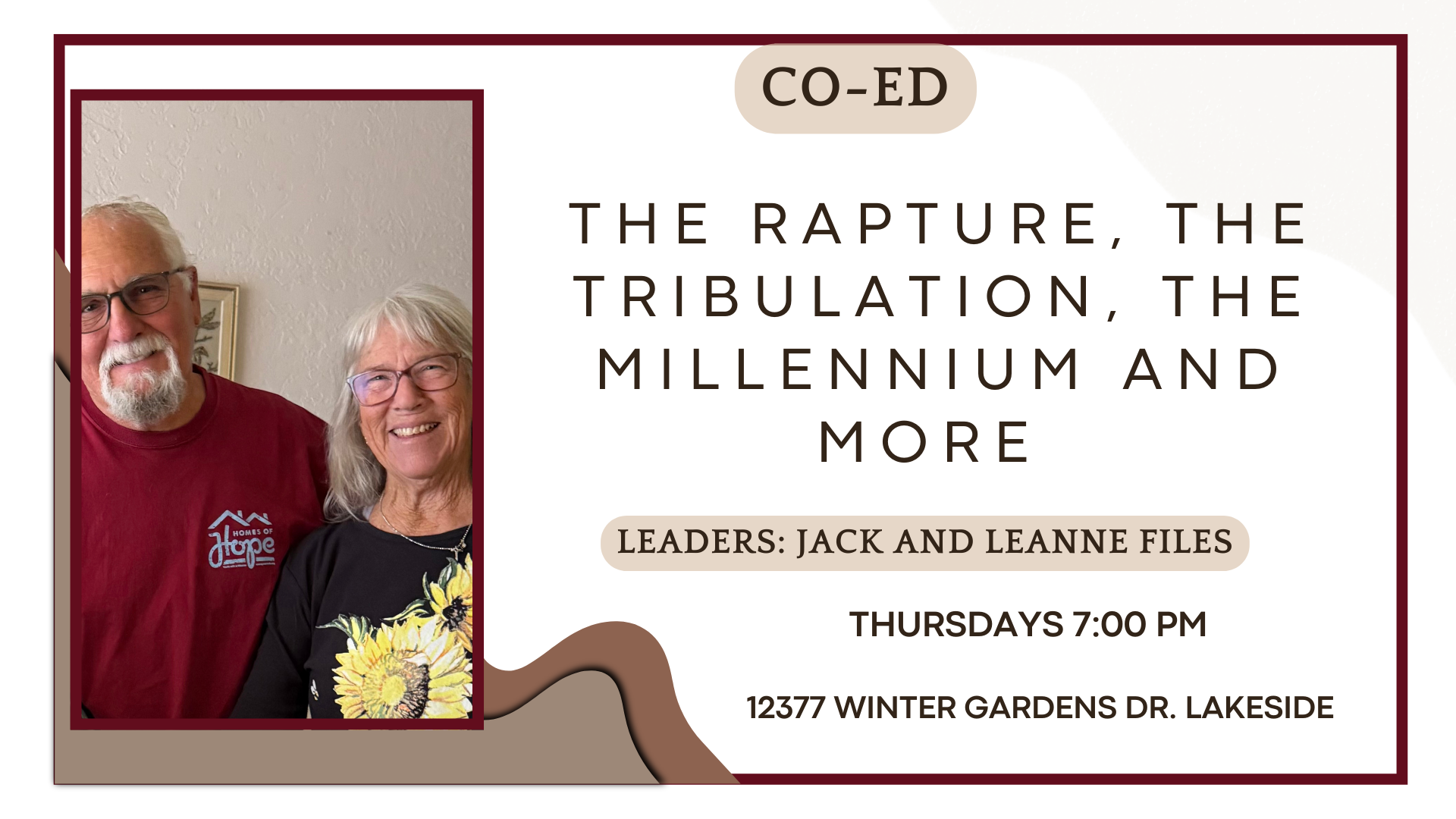 A promotional flyer for a church seminar, featuring a photo of a smiling older man and woman standing together, with text detailing the event's schedule and location.