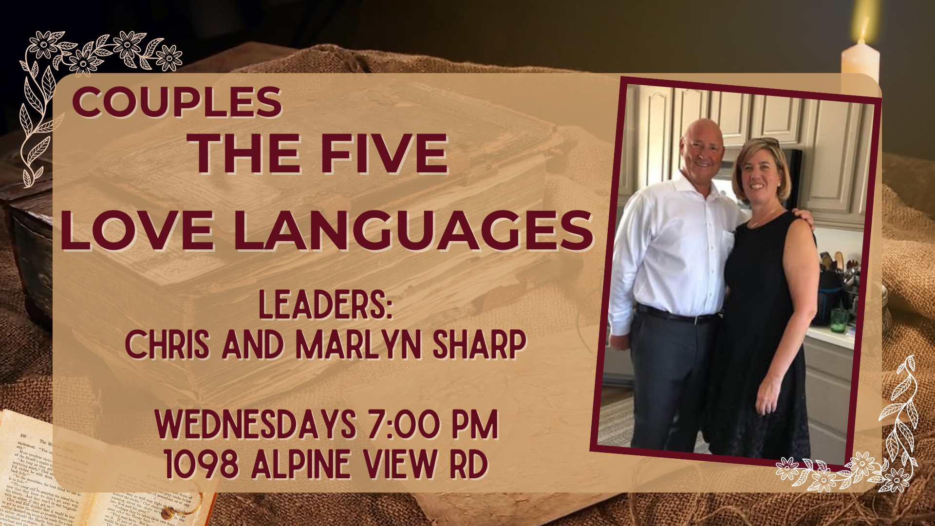 A printed invitation for a marriage event titled 'Marriage on the Rock' led by Chris and Marilyn Sharp, scheduled on Wednesdays at 7 PM, located at 1098 Alpine View Road, Alpine. The invitation features a photo of a couple standing in a kitchen, smiling, with beige, brown, and white colors and decorative design elements.