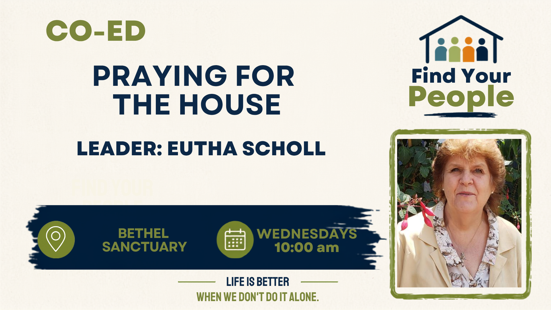 A sign for a prayer group called 'Praying for the House' led by Eutha Scholl, meeting Wednesdays at 10 AM at Bethel Sanctuary. The sign features a portrait of Eutha Scholl with orange hair, wearing a tan blazer over a floral blouse, and a cross necklace. The background has a beige and maroon color scheme.
