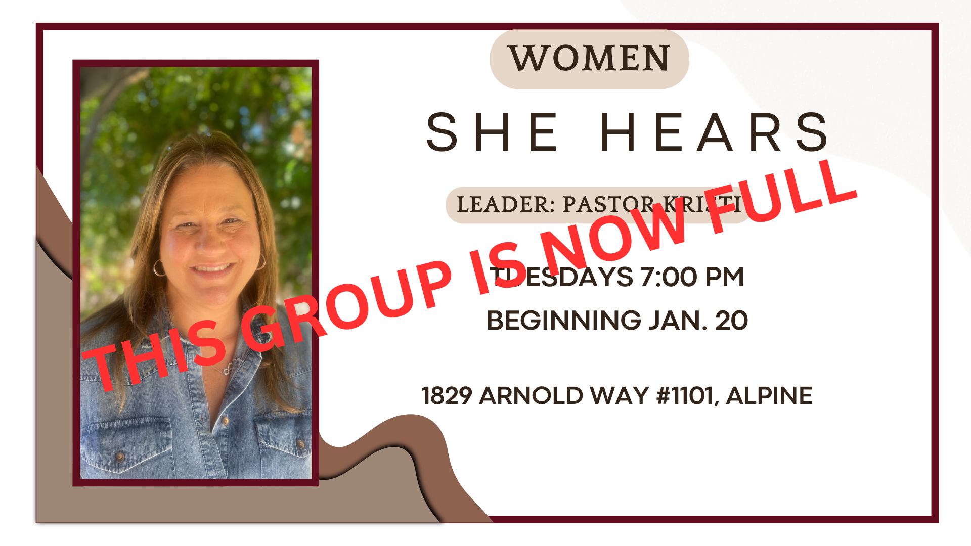 Event flyer for a women's group titled "More Than Enough," led by Pastor Kristi, meeting Tuesdays at 7:00 PM at 1829 Arnold Way #1101, Alpine. The flyer features a photo of Pastor Kristi smiling outdoors with green foliage in the background.