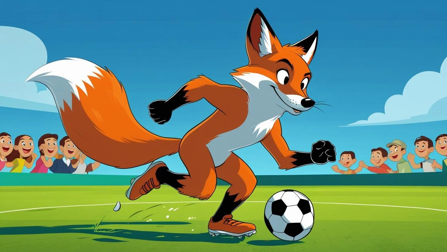 A cartoon fox wearing rollerblades is running on a soccer field, kicking a soccer ball. Spectators cheer from the background under a blue sky with a few clouds.