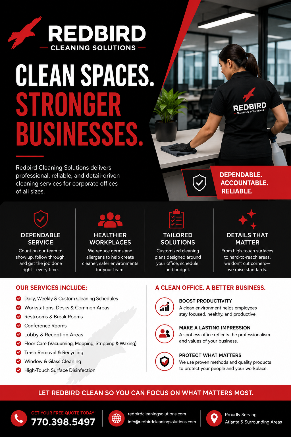 A promotional flyer for Redbird Cleaning Solutions features a woman in a black uniform cleaning a desk in an office. The flyer highlights cleaning services emphasizes dependability, health, tailored solutions, and details that matter, and includes contact information.