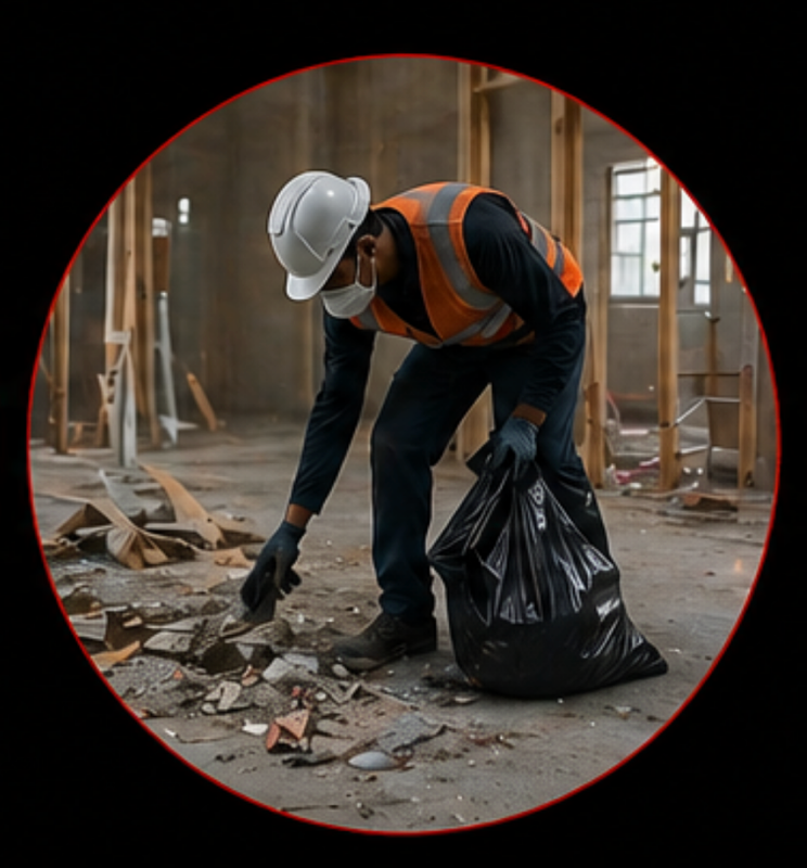 Construction worker collecting debris inside a building under construction.