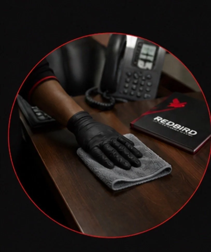 Person wearing black gloves wiping a wooden desk with a gray cloth near a phone, a red and black Redbird manual, and a calculator.