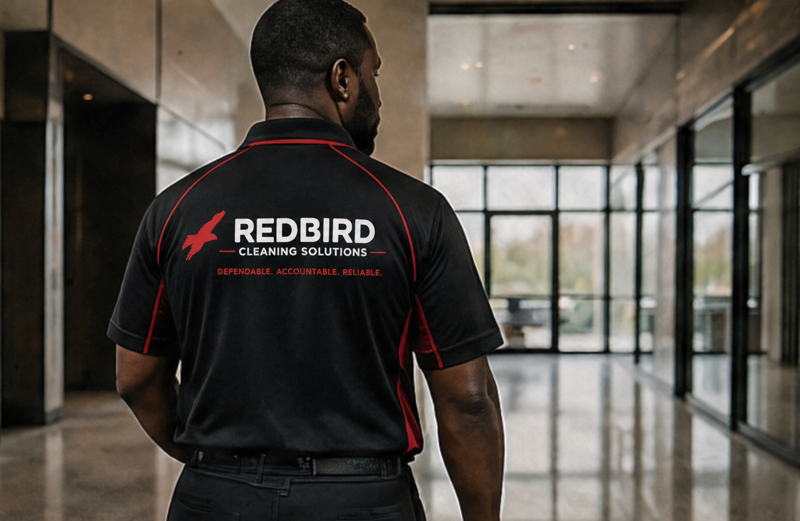 A man wearing a black and red REDBIRD Cleaning Solutions uniform in a modern office lobby, looking away from the camera.