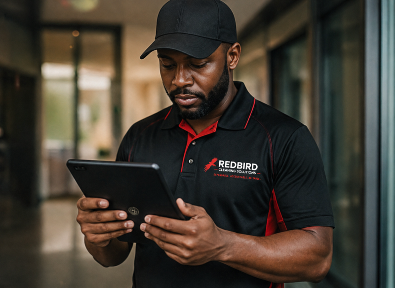 Man in black cap and Redbird Cleaning Solutions shirt using a tablet in an indoor corridor.