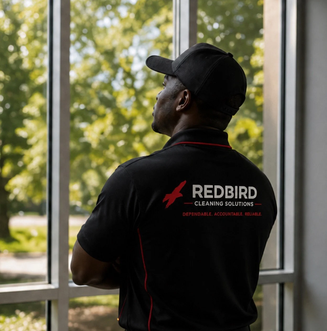 A man wearing a black Redbird Cleaning Solutions shirt and cap standing by a window outdoors, looking at the green trees outside.