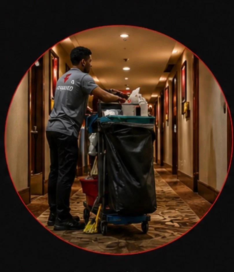 A hotel employee in a gray polo shirt and black pants pushing a cleaning cart and supplies down a hallway in a hotel.