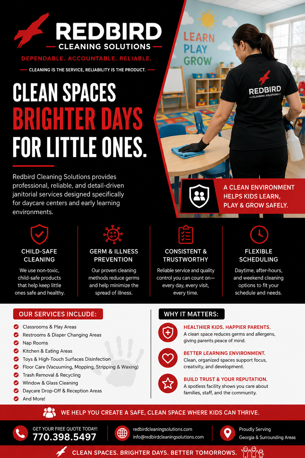 Flyer advertising Redbird Cleaning Solutions for daycare centers and early learning environments, highlighting their services including child-safe cleaning, germ prevention, consistent trustworthiness, and flexible scheduling. Features a woman cleaning a classroom with colorful walls and furniture.