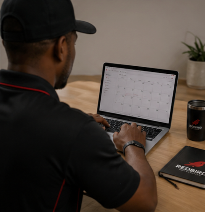 A person wearing a black cap and shirt is working on a laptop displaying a calendar or scheduling app. On the desk, there is a black Redbird-branded travel mug, a Black Redbird notebook, and a pen. A potted plant is visible in the background.