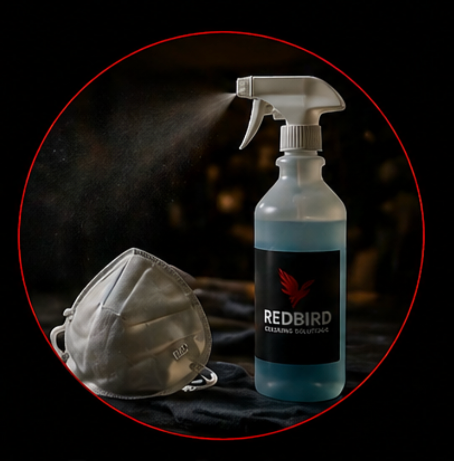 A spray bottle of disinfectant labeled 'Redbird Cleaning Solutions' and a face mask on a dark surface, with disinfectant being sprayed.