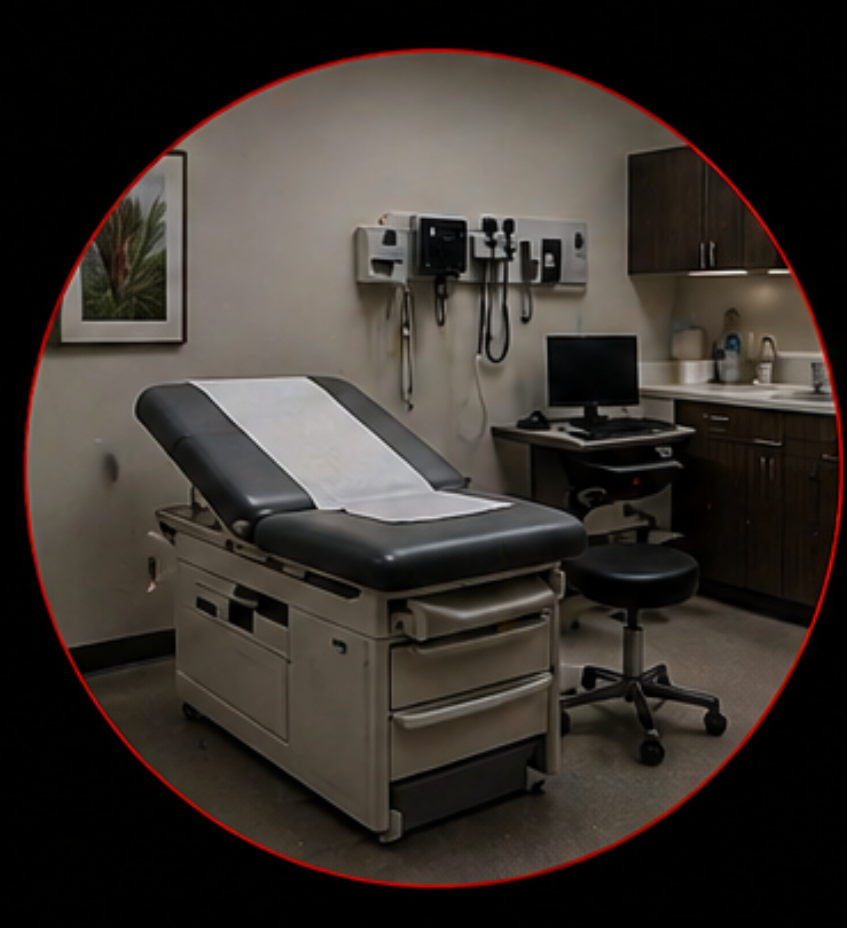 Medical examination room with examination table, computer, and medical equipment on the wall.