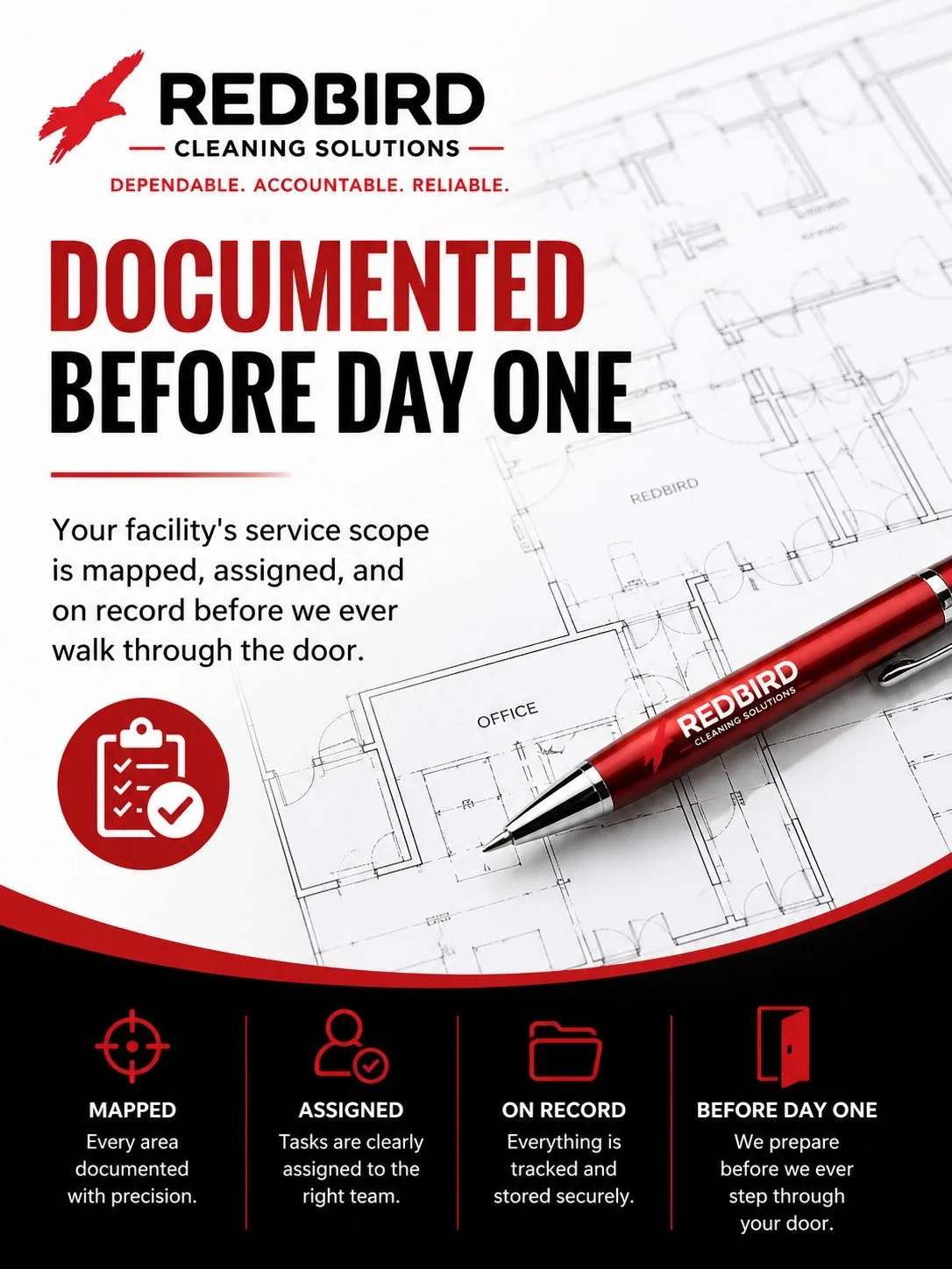 Promotional flyer for Redbird Cleaning Solutions emphasizing documentation for facility service scope, with architectural plans, a red pen, and icons representing mapping, assignment, record-keeping, and preparation.