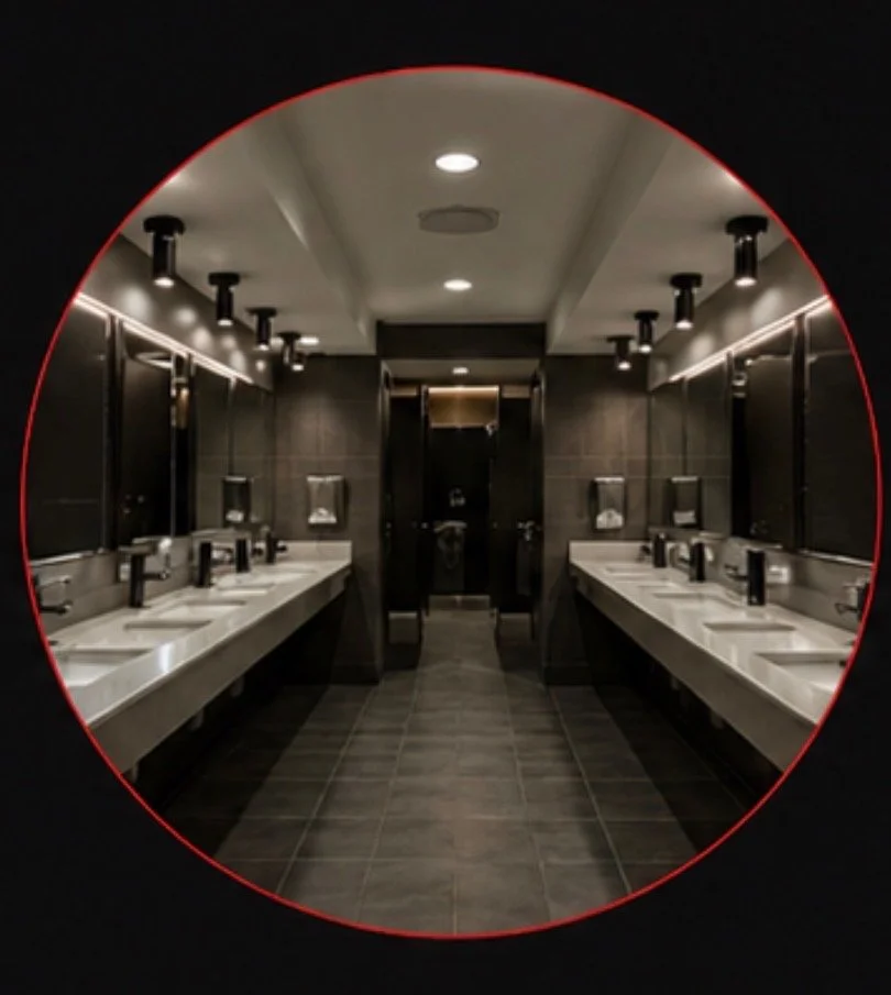 A modern public restroom with two parallel rows of sinks, mirrors, and hand dryers, illuminated by ceiling lights.