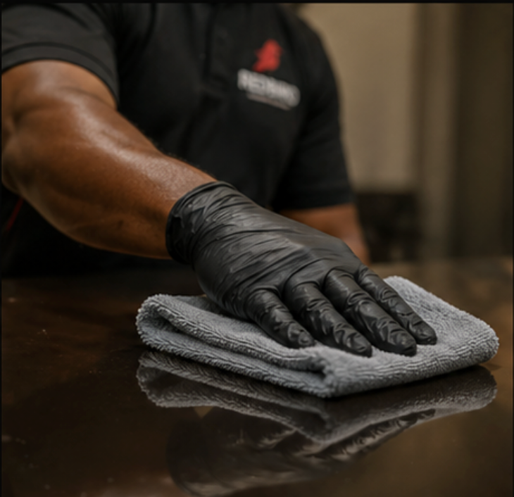 Person wearing black gloves cleaning a dark surface with a gray cloth.