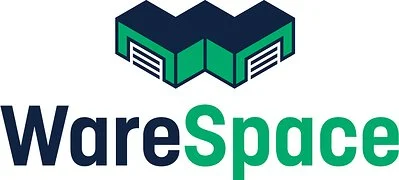 Logo for WareSpace featuring a stylized 3D warehouse icon in green and dark blue, with the company name underneath.
