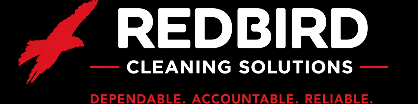 Logo for Redbird Cleaning Solutions featuring a stylized red bird in flight and text highlighting the brand's name and qualities.