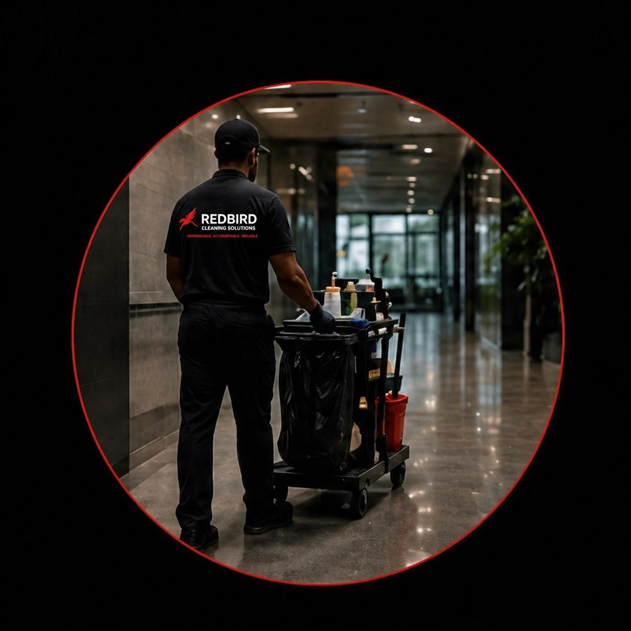 A cleaning worker, seen from behind, pushes a cleaning cart in a modern, well-lit hallway with large glass windows.