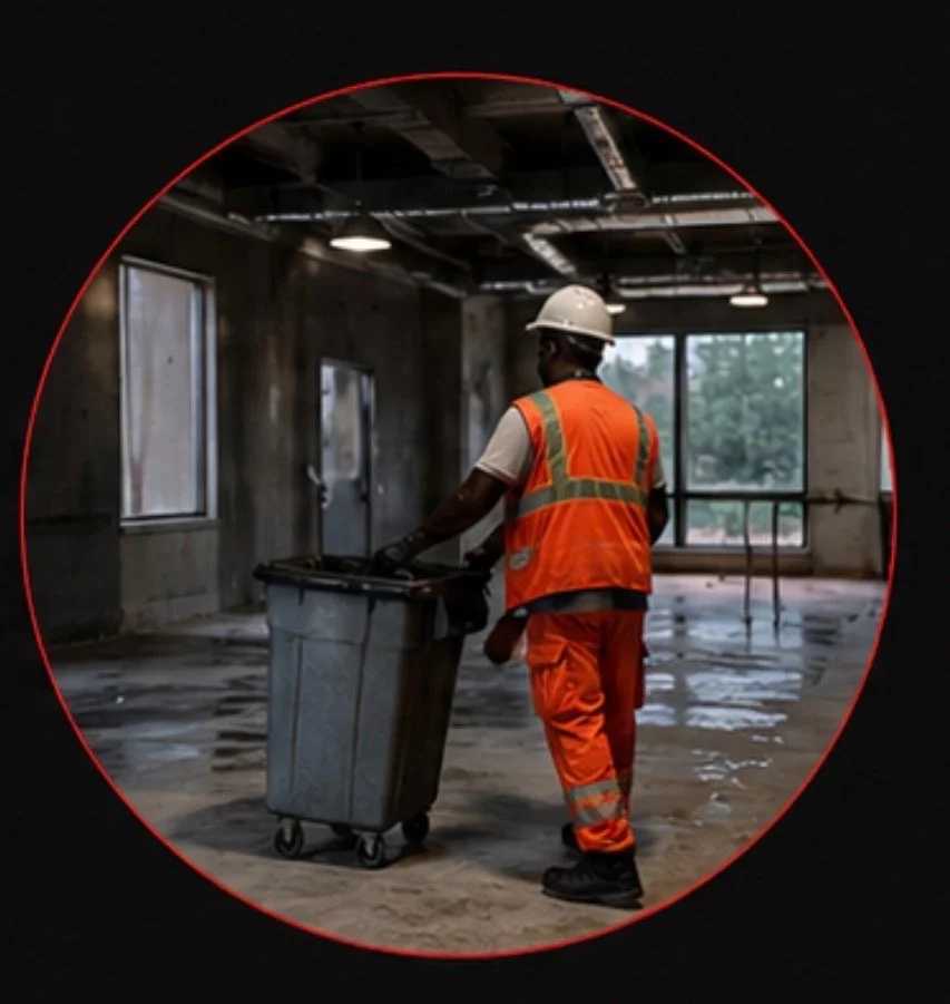 Construction worker pushing a garbage bin inside a building under construction, wearing a white helmet and orange safety vest and pants.