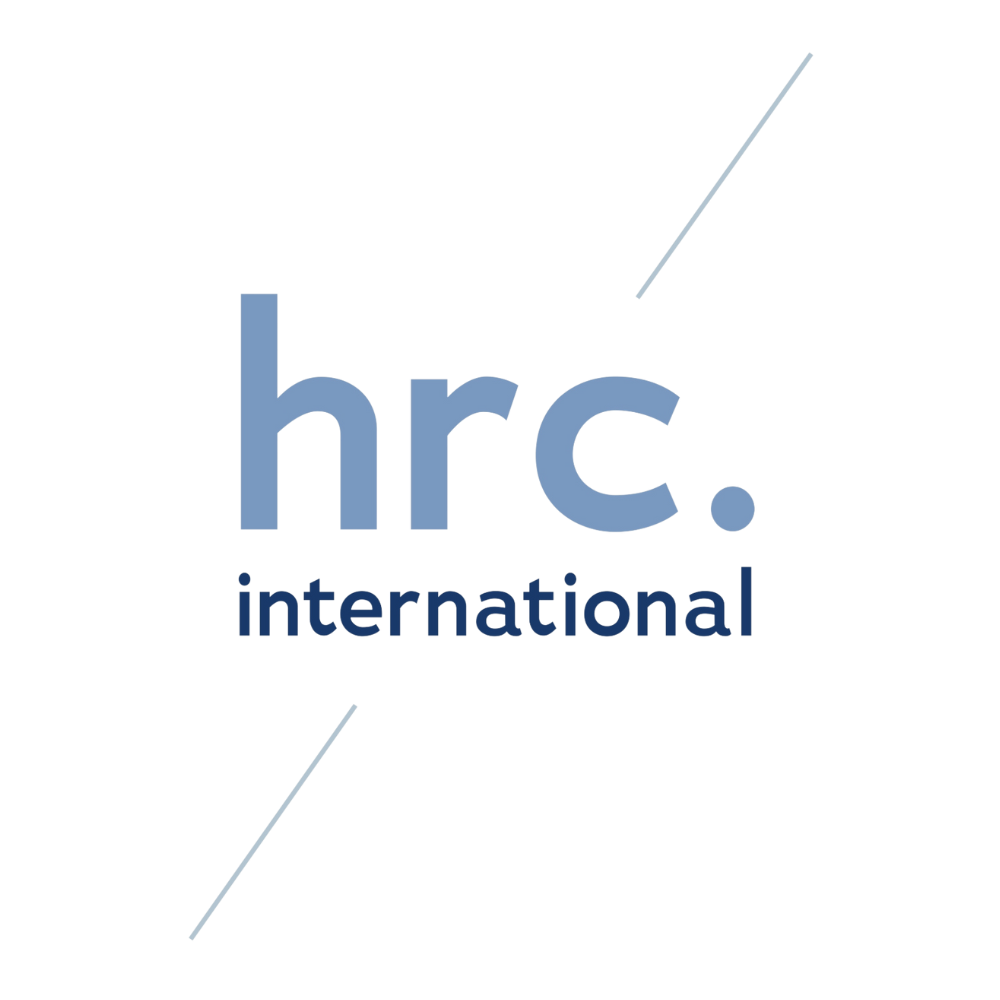 Logo for hrc international with stylized blue and gray text and abstract design elements.