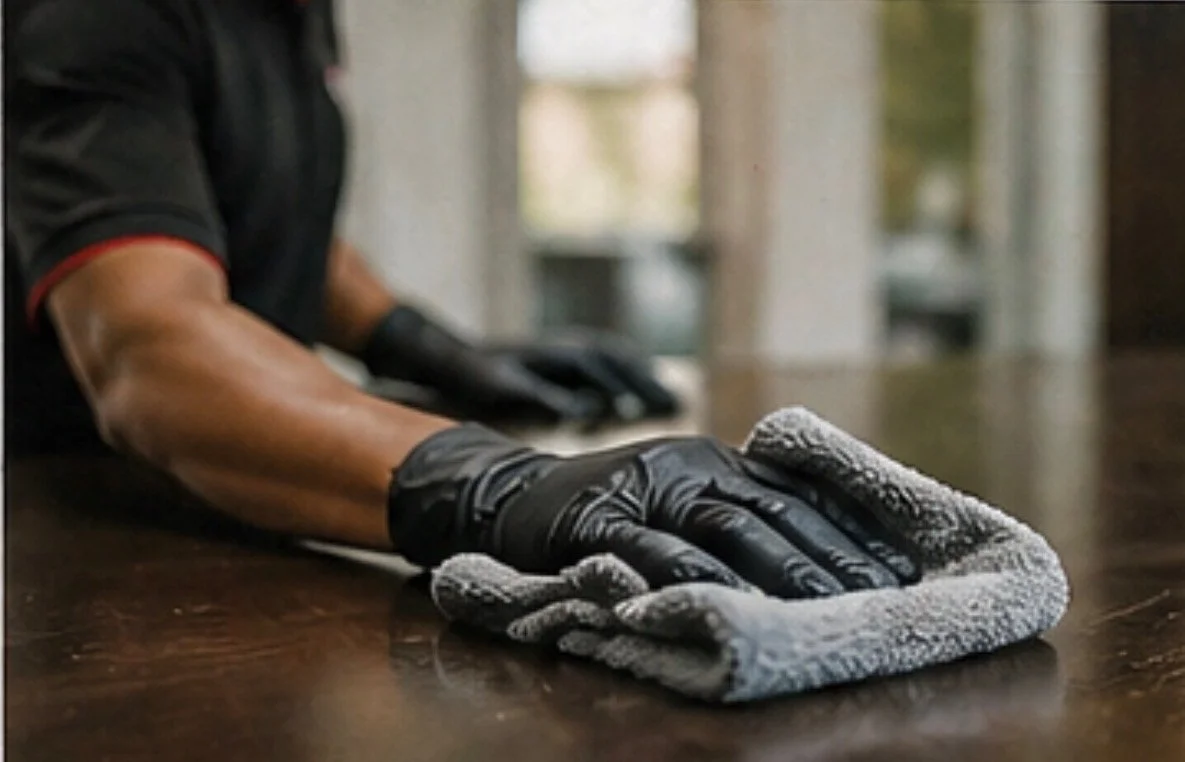 Person wearing black gloves cleaning a wooden table with a gray cloth.
