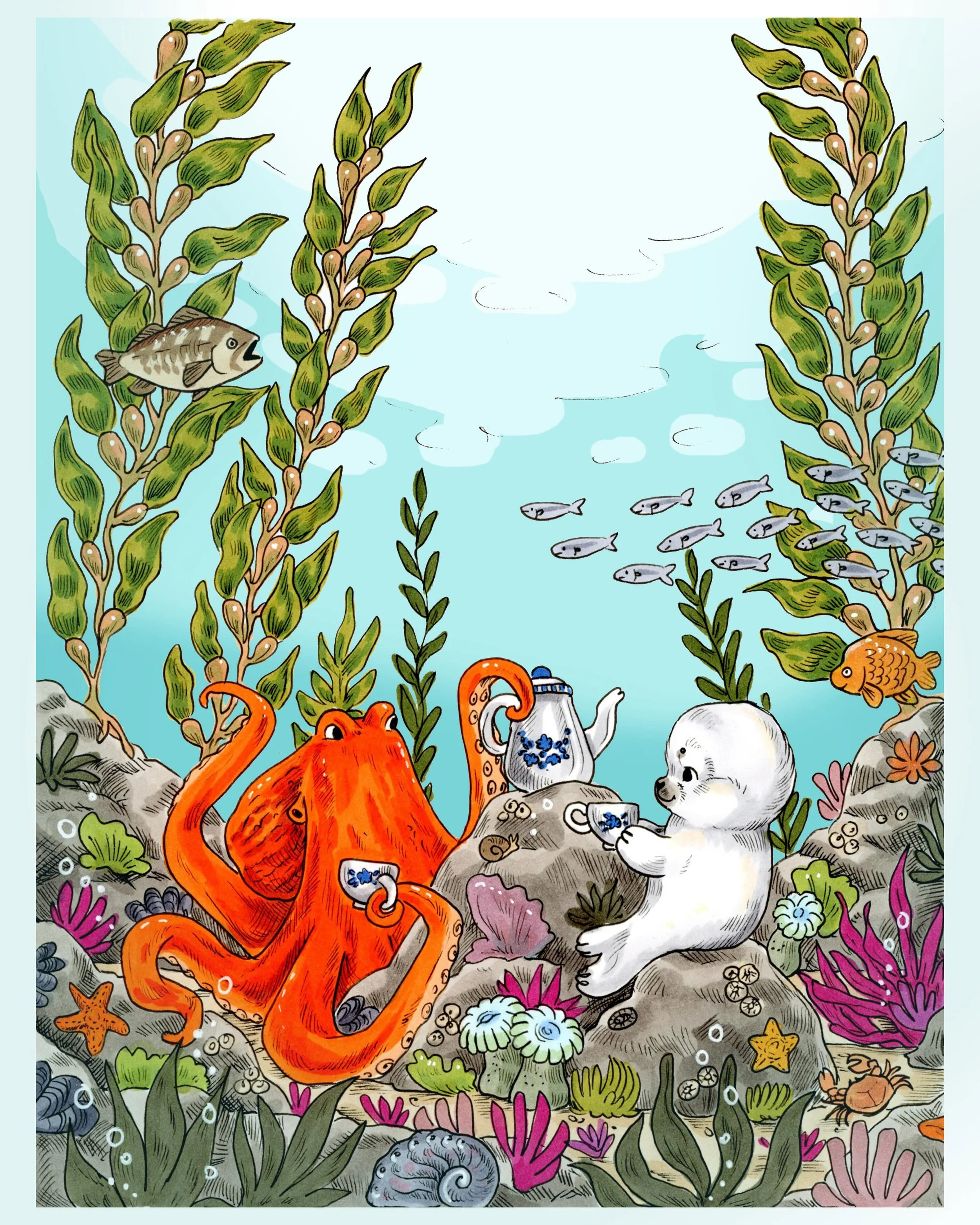 I decided to revisit this little seal pup (whom I&rsquo;ve drawn before) and give him a full little scene. What better place to spend the day than with an octopus friend having tea?
🫖 🦭🐙
- an illustration of a seal having tea underwater with an oc