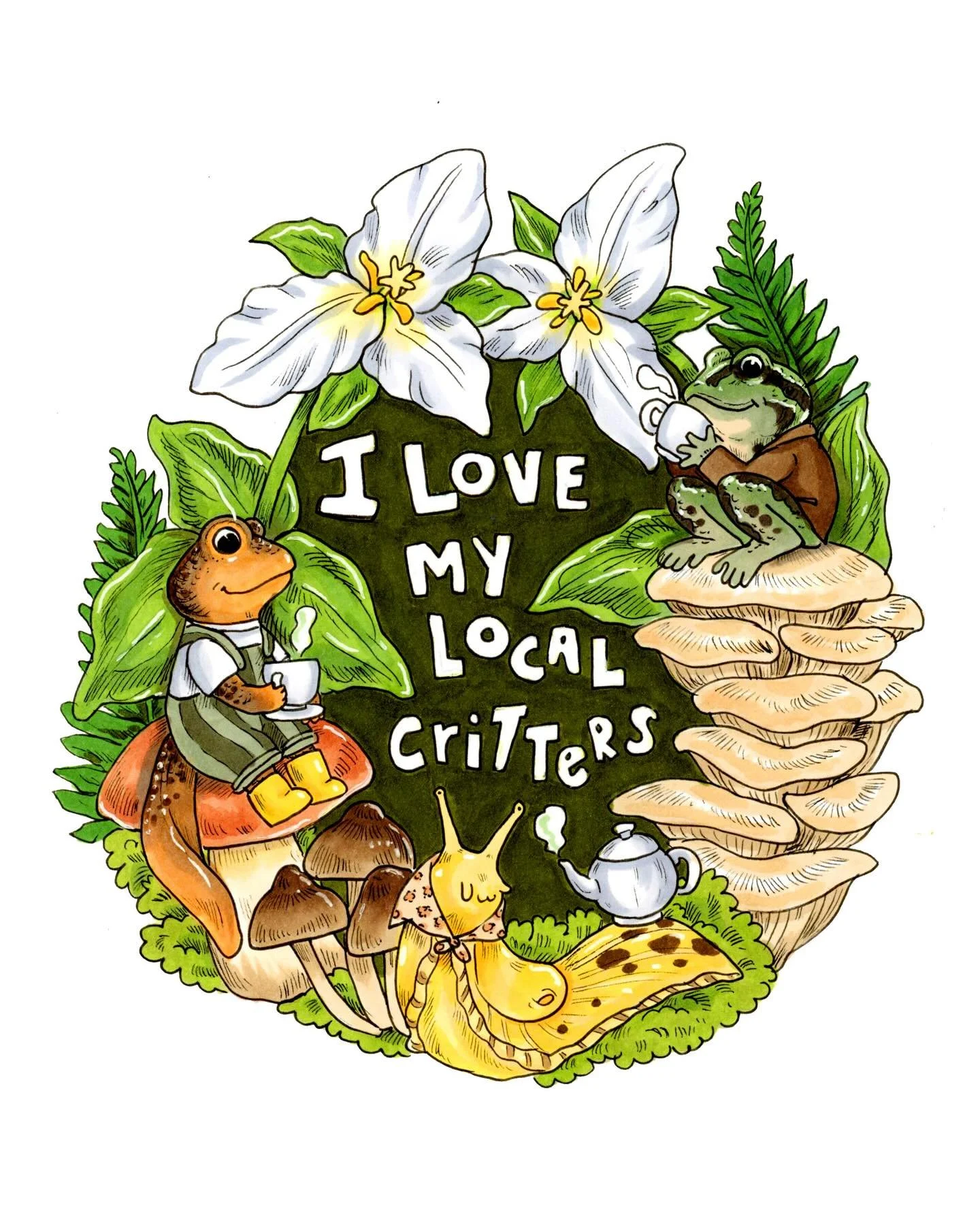 More local fauna love today! A California newt, Pacific chorus frog, and banana slug sharing some tea 🫖 
-
#bananaslug #redwoods #californianewt #illustration #kidlitart