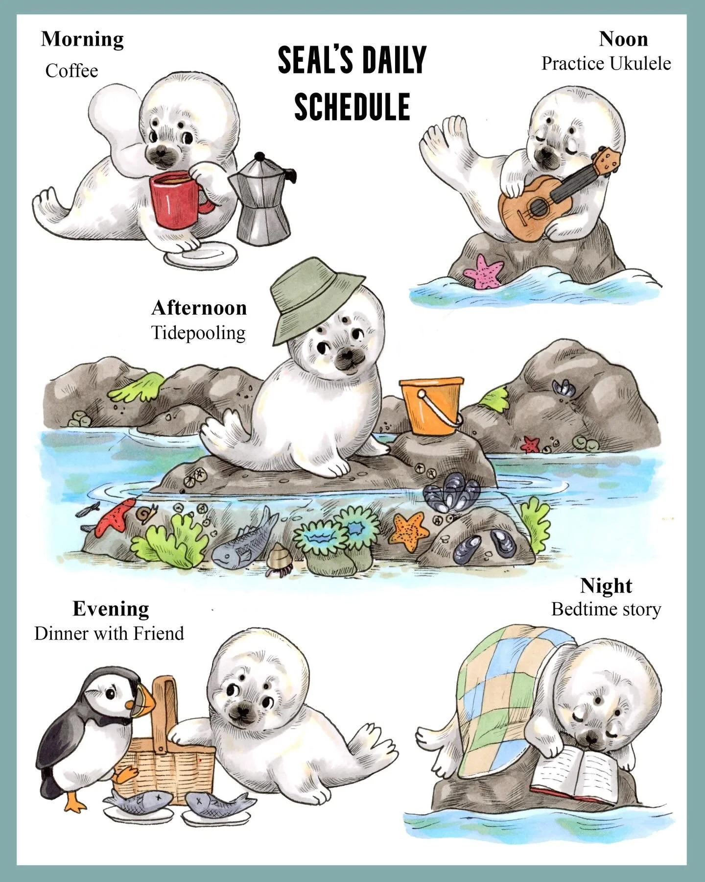 A little daily to do list for your week 🦭
-
I really love seals and was excited for another opportunity to draw them! This illustration in particular is a little ode to living in a coastal town!
-
#illustration #kidlitart #cuteart #babyseal