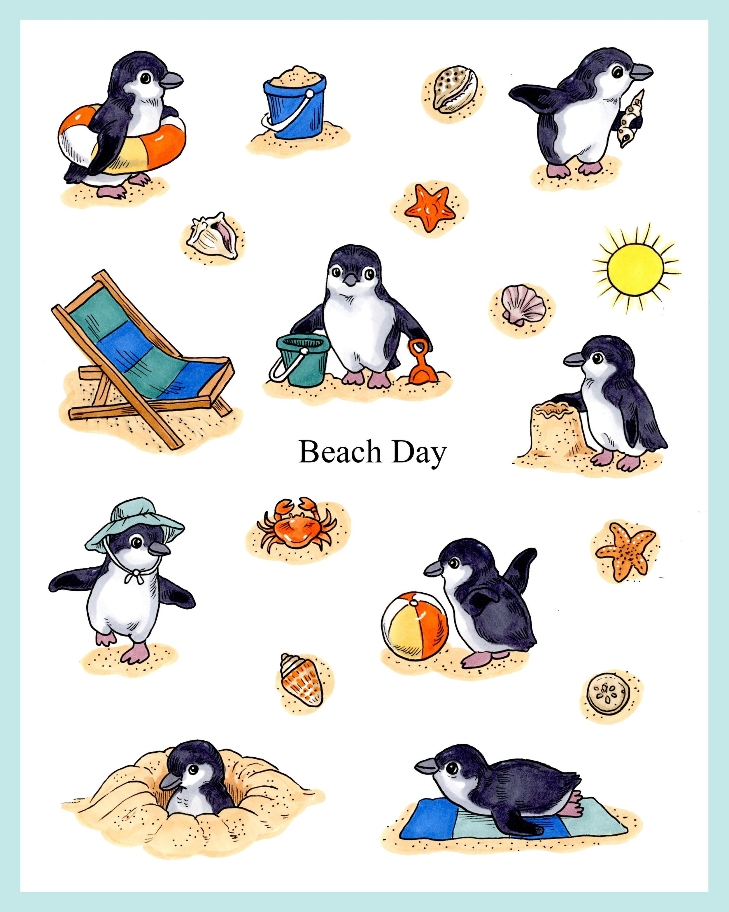 Little blue penguins enjoying a day at the beach! This illustration is deeply inspired by Richard Scarry 🐧