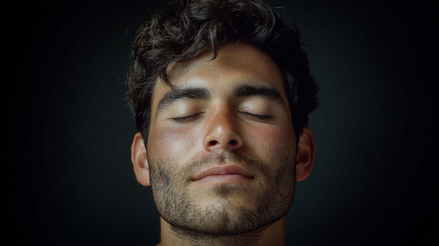 Joven con barba y cabello rizado, con ojos cerrados, expresión de tranquilidad, fondo oscuro.