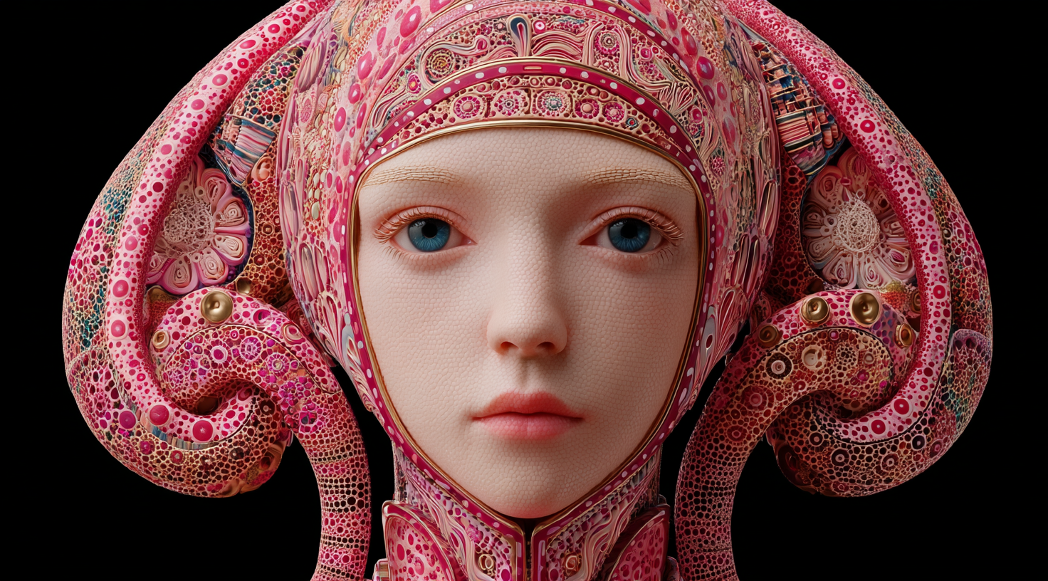 Retrato de una niña con rostro humano, rostro de rostro sin expresión, rodeada de formas abstractas y tentáculos en tonos rosas y dorados, con fondo negro.