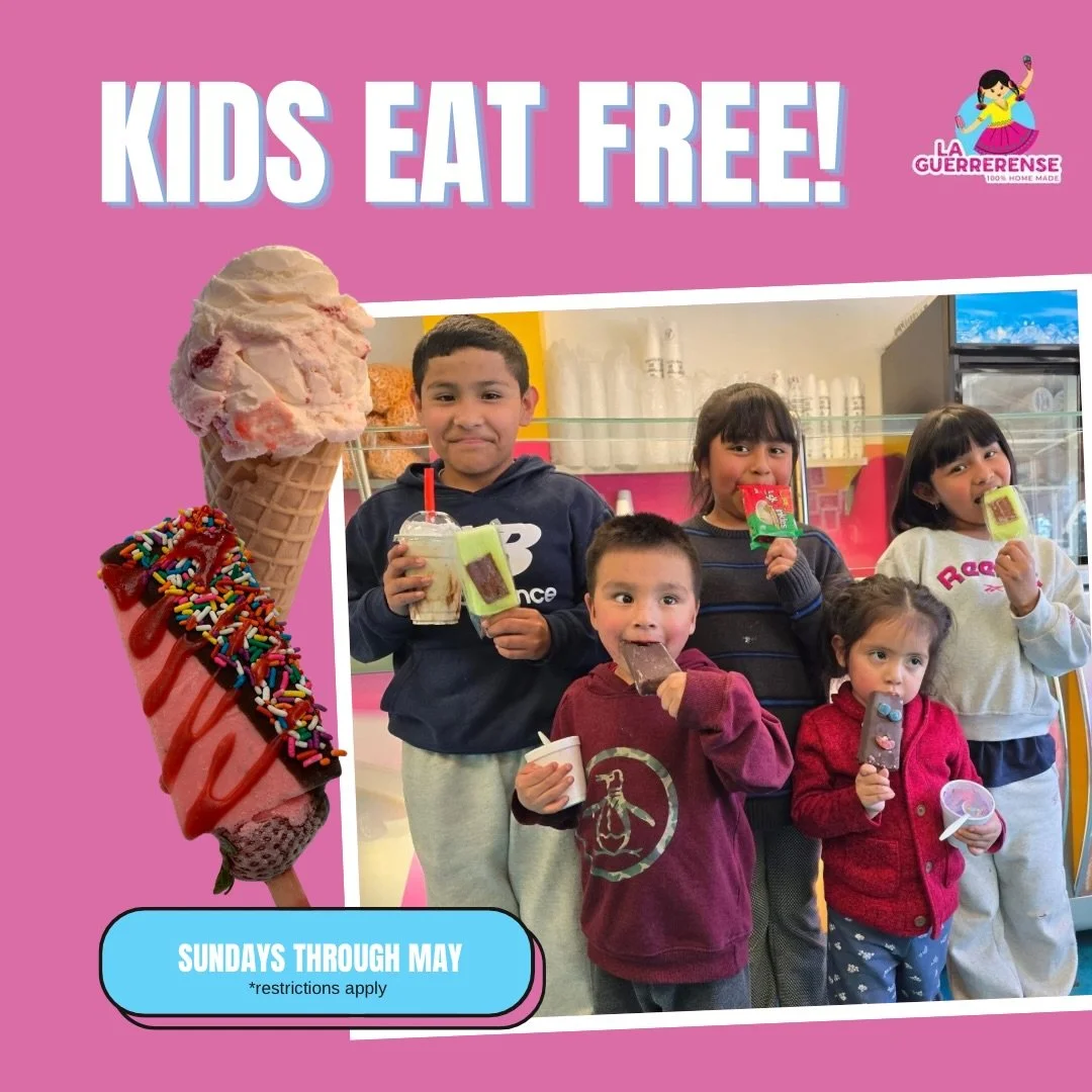 Los ni&ntilde;os comen GRATIS todos los domingos a partir de ma&ntilde;ana hasta finales de mayo. 🍦🌸

Aseg&uacute;rate de pasar para disfrutar de esta oferta por tiempo limitado! 🍨

*Oferta Kids Eat Free v&aacute;lida para ni&ntilde;os menores de 