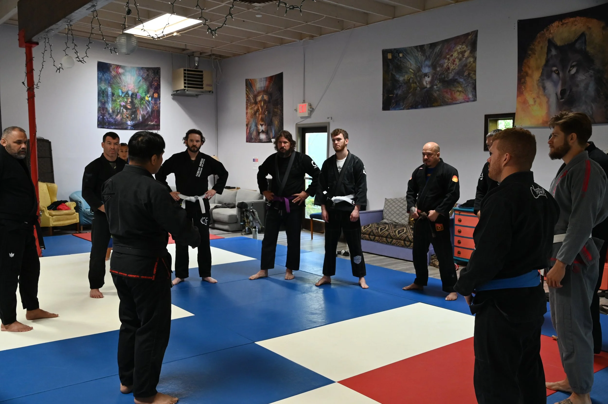 Jiu-Jitsu students listening to instructor in training room with colorful animal artwork on walls, blue, white, and red mats on floor.