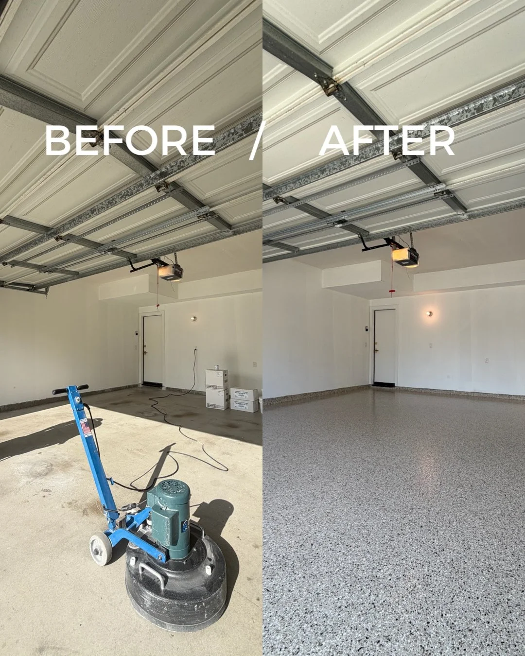 Before and after garage floor coating in Irvine, CA: bare concrete to Shoreline flake epoxy