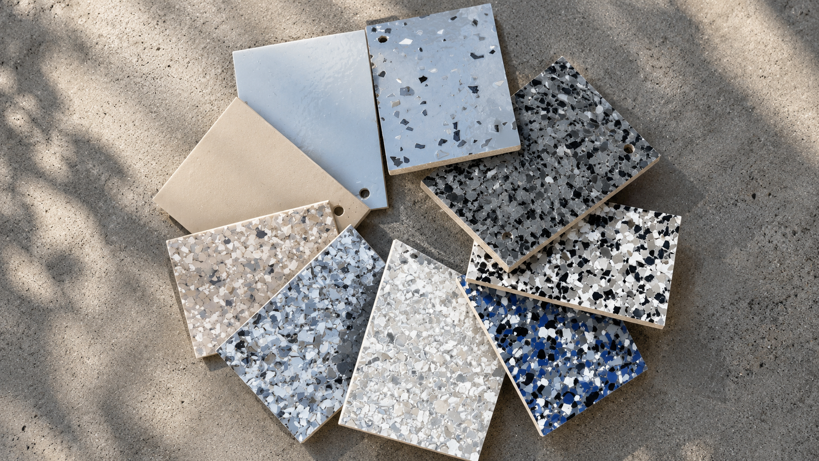 Epoxy flake color and blend samples for garage floors, available from ZHLA Painting across Orange County, CA.