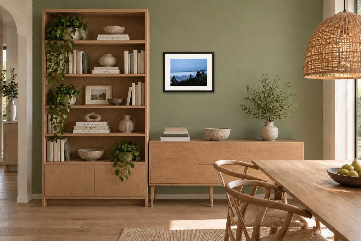Room mockup of the Dawn Patrol surf print by Dom Stone framed on a living room wall